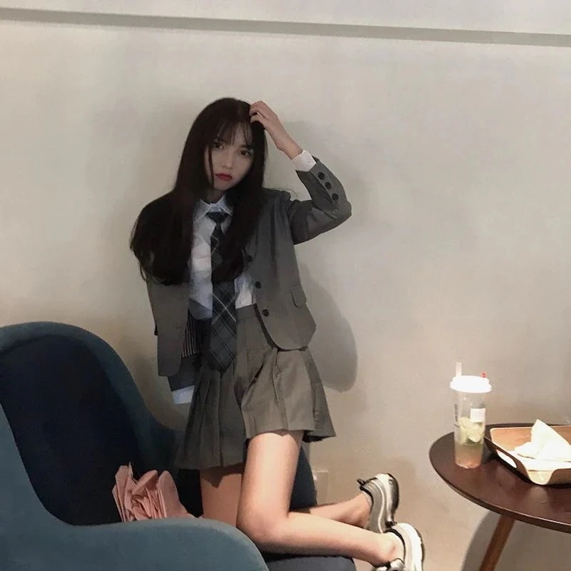 スーツ 韓国 復古学院風ネクタイシャツスーツ+プリーツスカートJK制服 3点セットコート+シャツ+スカート