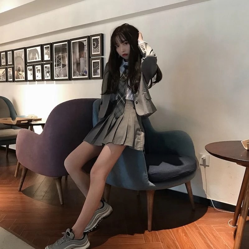 スーツ 韓国 復古学院風ネクタイシャツスーツ+プリーツスカートJK制服 3点セットコート+シャツ+スカート