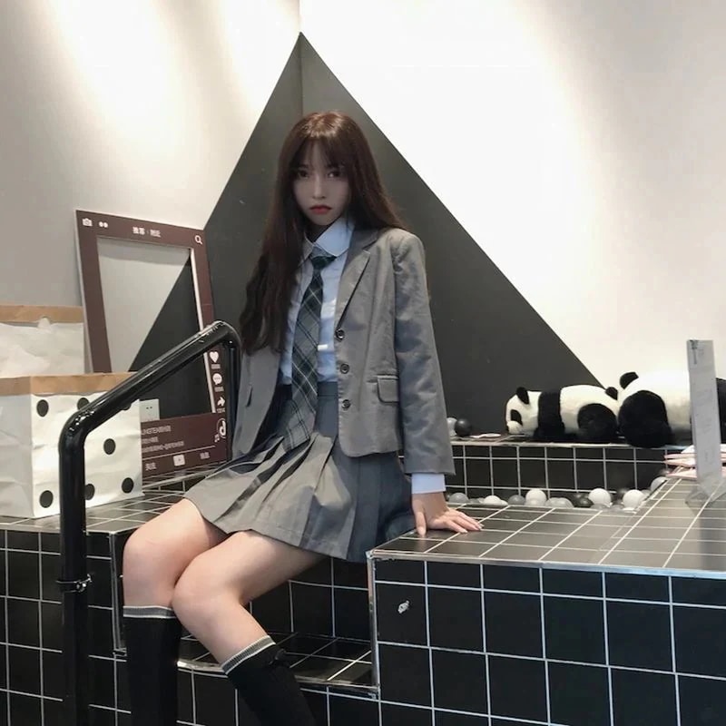 スーツ 韓国 復古学院風ネクタイシャツスーツ+プリーツスカートJK制服 3点セットコート+シャツ+スカート