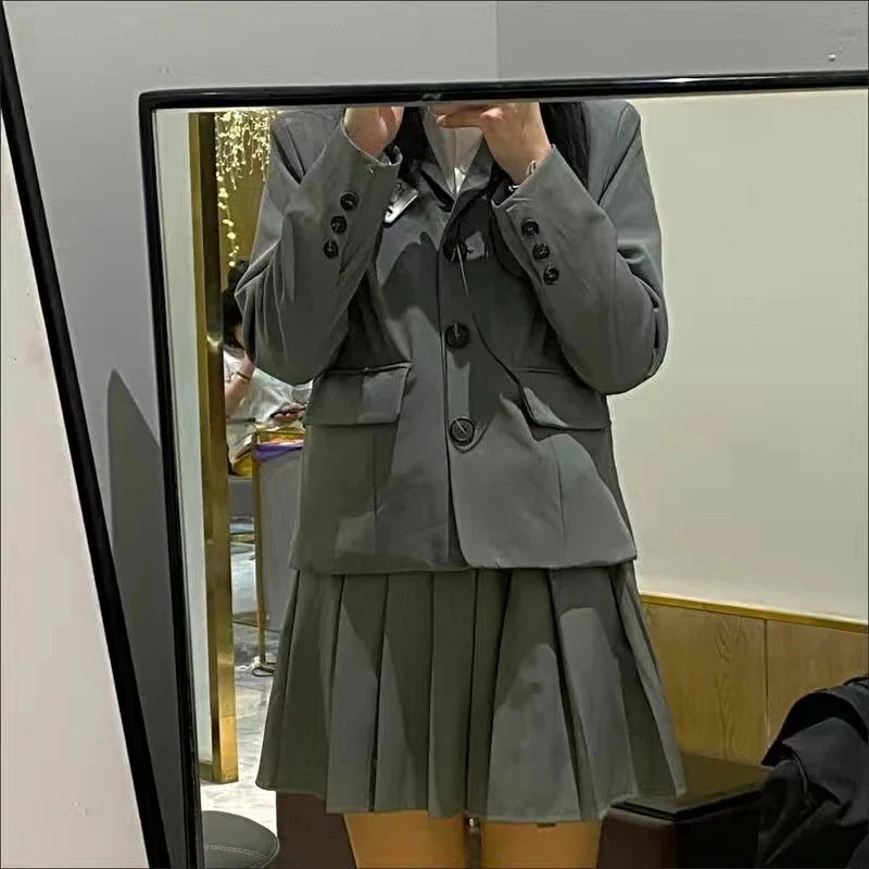 スーツ 韓国 復古学院風ネクタイシャツスーツ+プリーツスカートJK制服 3点セットコート+シャツ+スカート