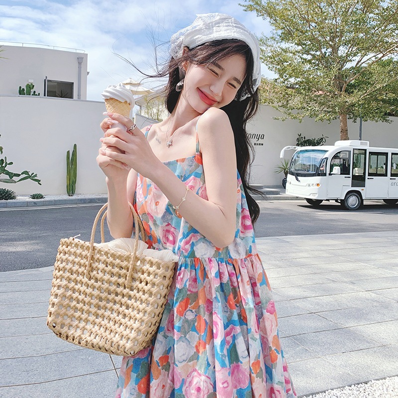 実際のフランスのドーパミンの花のホルタードレスセット2024夏モデル甘い休日スタイルハイウエストミドルレングスドレス