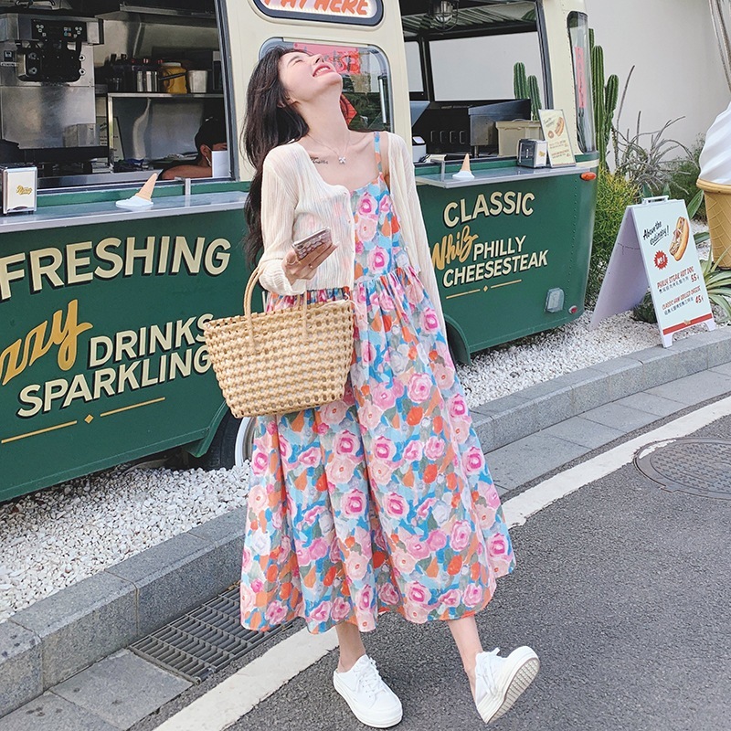 実際のフランスのドーパミンの花のホルタードレスセット2024夏モデル甘い休日スタイルハイウエストミドルレングスドレス