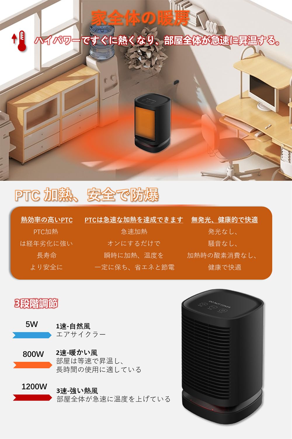 ヒーター ファンヒーター セラミックヒーター 電気ストーブ Masinca 安全 小型 2秒速暖 3段階風量 自動首振り 省エネ 恒温 ヒートショック対策 過熱防止 転倒停止 冷え 74452