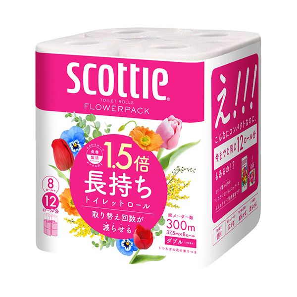 日本製紙クレシアスコッティ フラワーパック 1.5倍長持ち ダブル 芯あり 37.5m 香り付き 1セット（64ロール：8ロール×8パック）