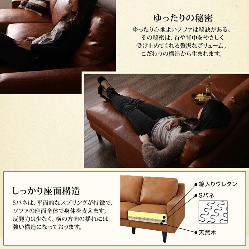 ヴィンテージ風 レザー コーナーカウチソファ [レガードジェイ2] ミドルサイズ ブラウン