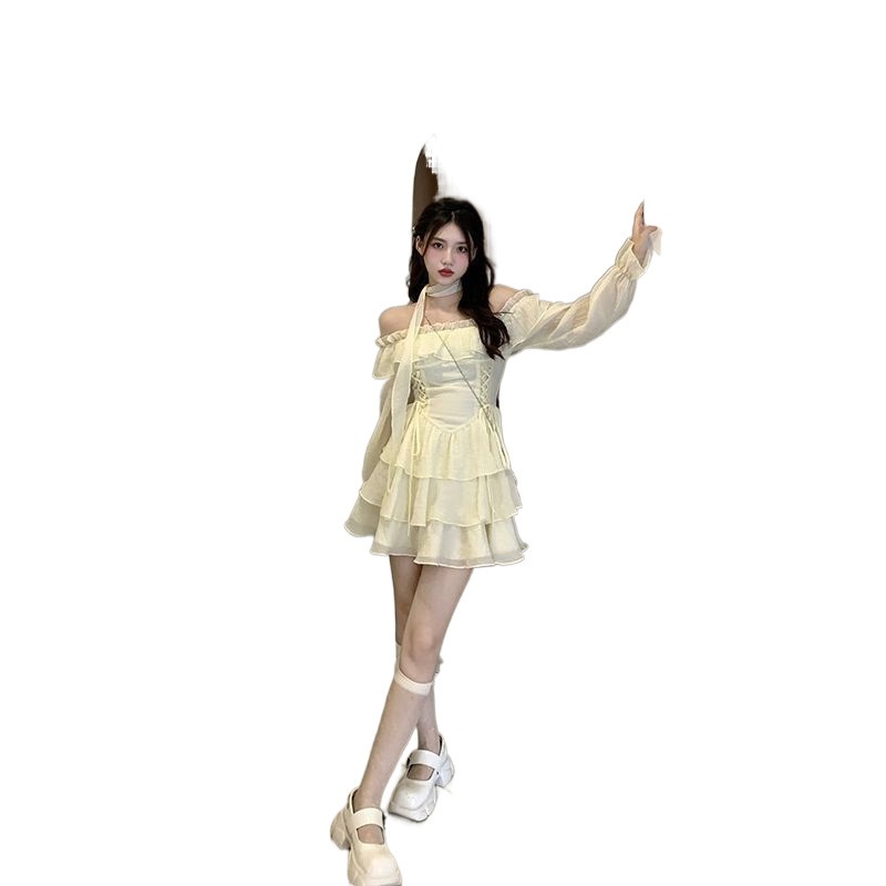 セクシーなオフショルダーのホットガールドレス2022妖精ワンショルダータイウエストフリルケーキスカート女性 セクシーなオフショルダーのホットガールドレス2022妖精ワンショルダータイウエストフリルケーキスカート女性