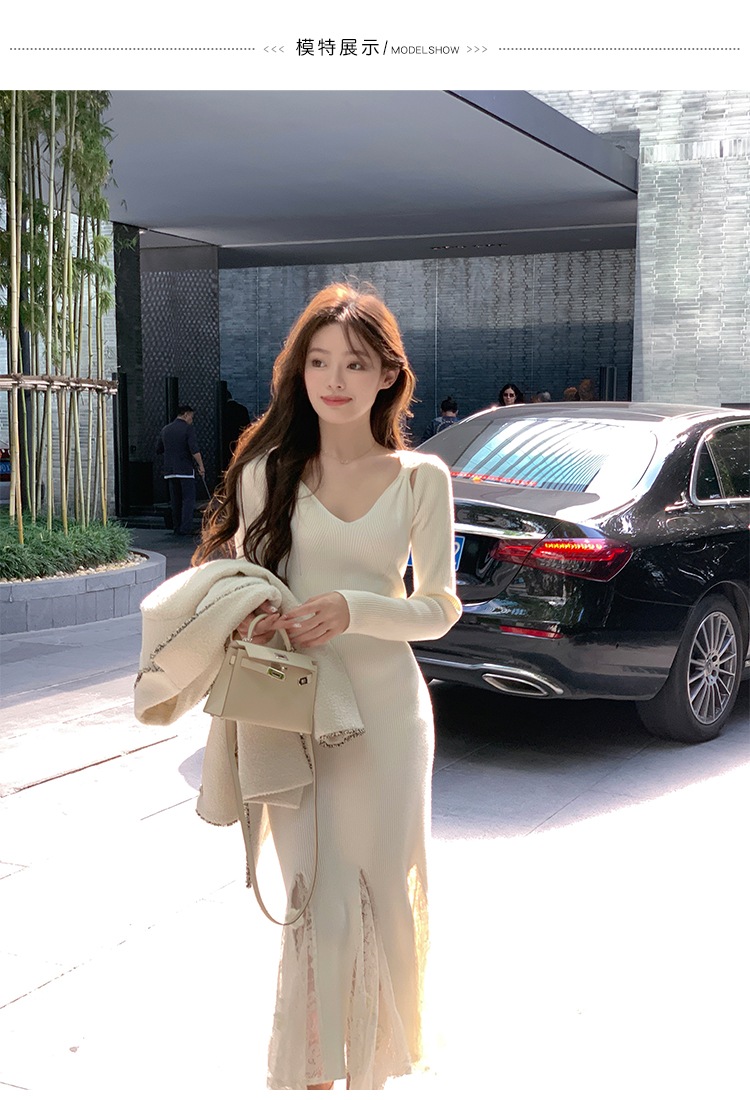 秋冬 V ネック長袖スプライシングレース白ウサギベルベットニットドレスロング肥厚インナーセータースカートZ80 秋冬 V ネック長袖スプライシングレース白ウサギベルベットニットドレスロング肥厚インナーセータースカートZ80