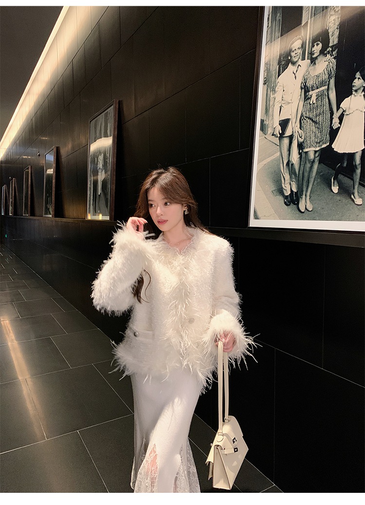 秋冬 V ネック長袖スプライシングレース白ウサギベルベットニットドレスロング肥厚インナーセータースカートZ80 秋冬 V ネック長袖スプライシングレース白ウサギベルベットニットドレスロング肥厚インナーセータースカートZ80