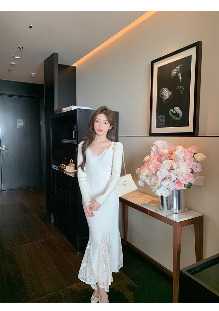 秋冬 V ネック長袖スプライシングレース白ウサギベルベットニットドレスロング肥厚インナーセータースカートZ80 秋冬 V ネック長袖スプライシングレース白ウサギベルベットニットドレスロング肥厚インナーセータースカートZ80