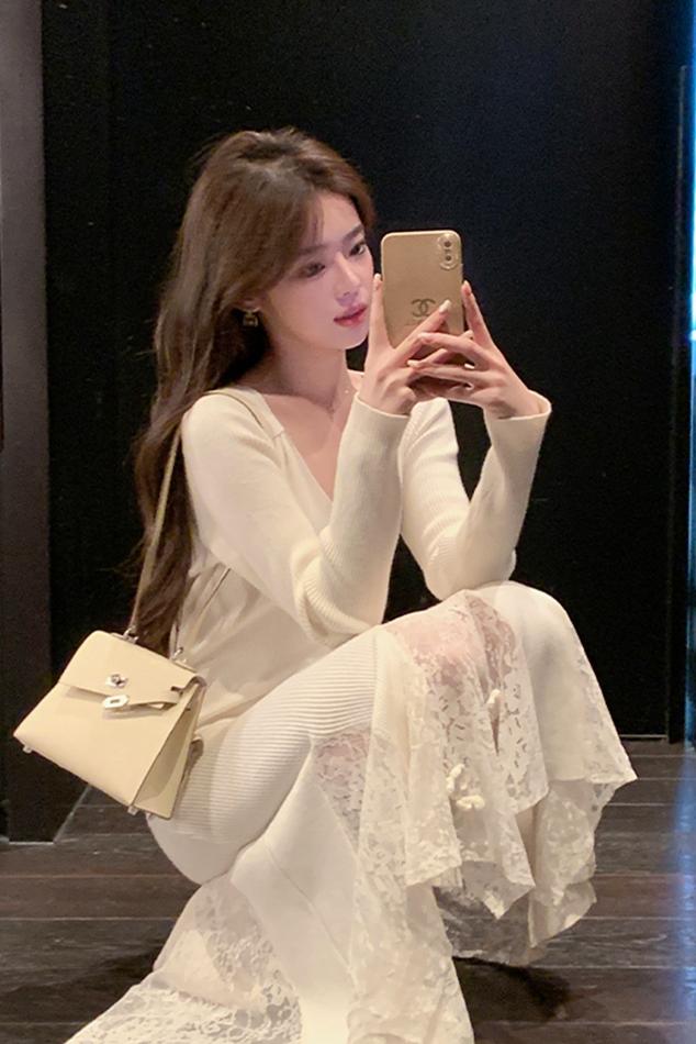 秋冬 V ネック長袖スプライシングレース白ウサギベルベットニットドレスロング肥厚インナーセータースカートZ80 秋冬 V ネック長袖スプライシングレース白ウサギベルベットニットドレスロング肥厚インナーセータースカートZ80