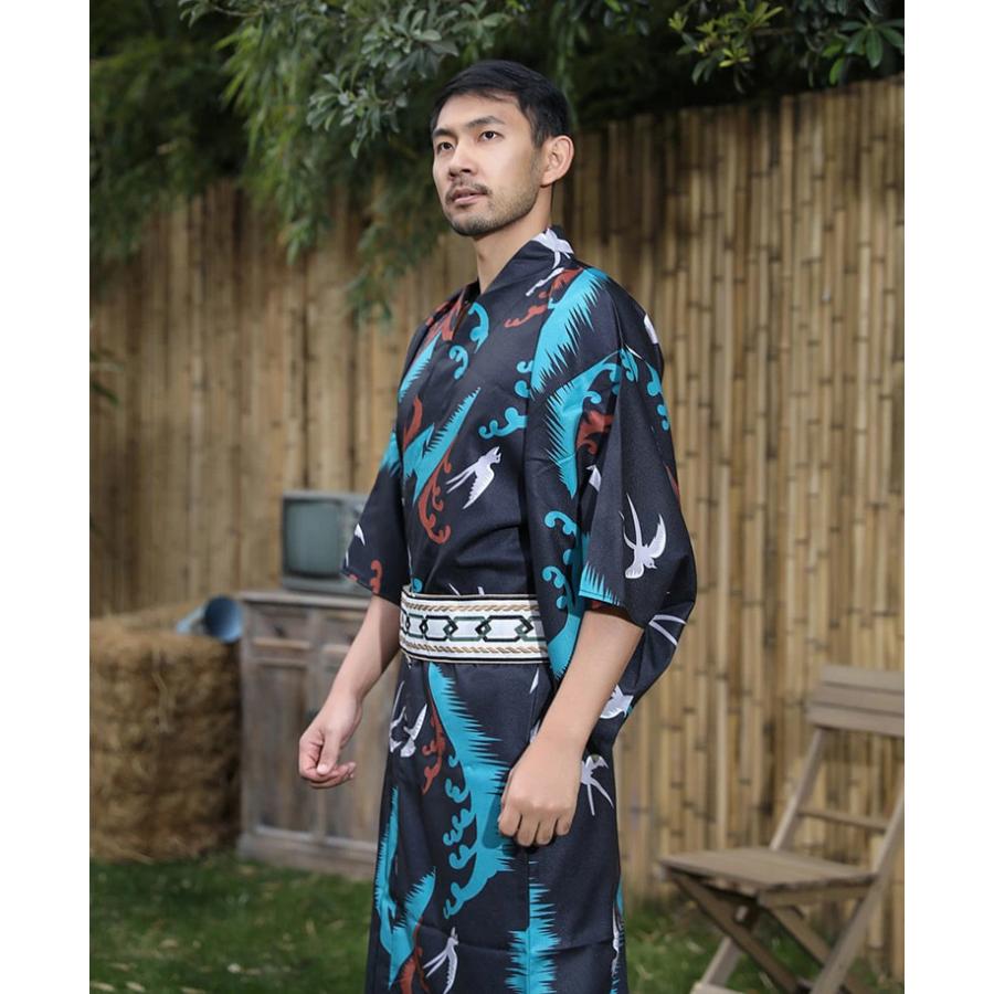 出荷が迅速である 独占販売 浴衣 メンズ 2点セット 海燕柄 黒 青 男性 男性用 紳士 和服 作り帯 ゆかた 夏服 ポリエステル浴衣 浴衣セット ギフト プレゼント かっこいい おしゃれ 人気 花
