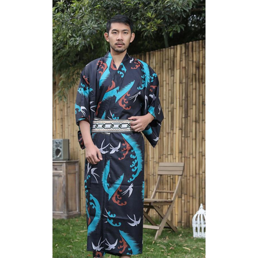 出荷が迅速である 独占販売 浴衣 メンズ 2点セット 海燕柄 黒 青 男性 男性用 紳士 和服 作り帯 ゆかた 夏服 ポリエステル浴衣 浴衣セット ギフト プレゼント かっこいい おしゃれ 人気 花