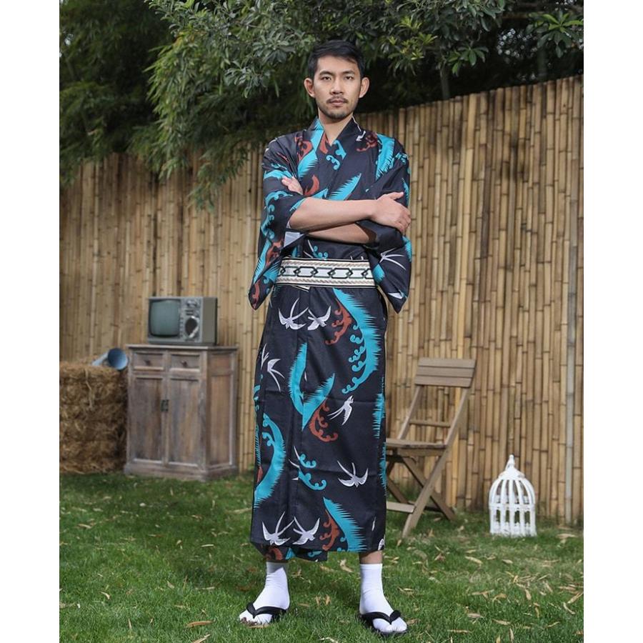 出荷が迅速である 独占販売 浴衣 メンズ 2点セット 海燕柄 黒 青 男性 男性用 紳士 和服 作り帯 ゆかた 夏服 ポリエステル浴衣 浴衣セット ギフト プレゼント かっこいい おしゃれ 人気 花