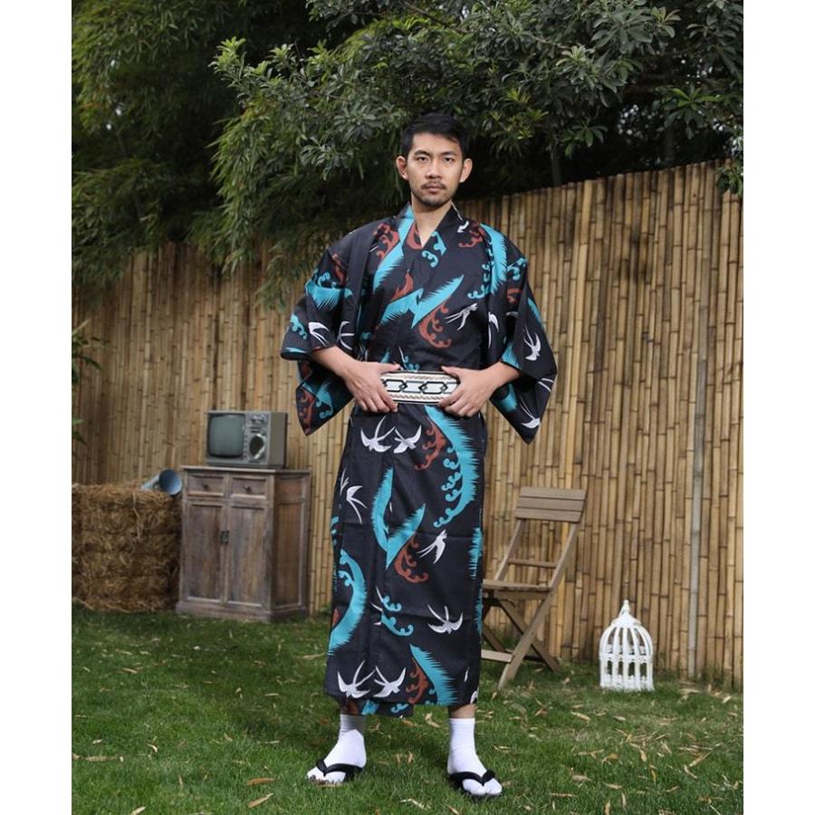 出荷が迅速である 独占販売 浴衣 メンズ 2点セット 海燕柄 黒 青 男性 男性用 紳士 和服 作り帯 ゆかた 夏服 ポリエステル浴衣 浴衣セット ギフト プレゼント かっこいい おしゃれ 人気 花