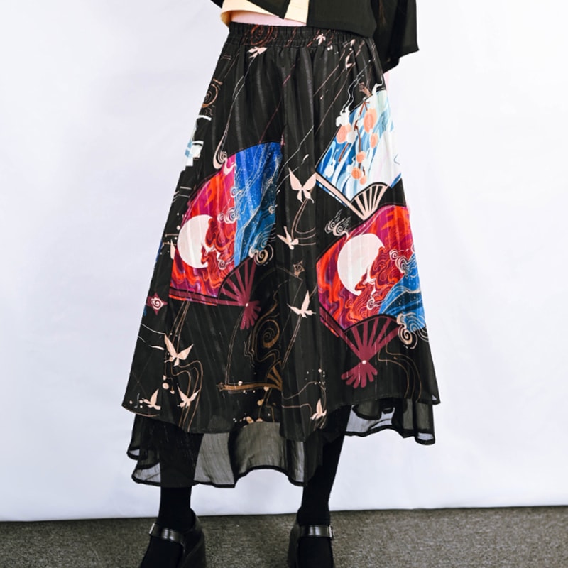 シフォンスカート 春夏 3層 インナー付 フレア ウエストゴム ロング プリント 不規則裾