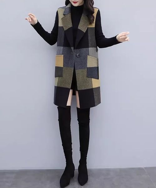 レディース コートウールベストトップス ベスト 袖なし ノースリーブ ストレートミドル丈 ミディアム丈 ウェーブカラー POLO襟 ルースタイプ 中厚手 ルーズ 芸術的 優しい チェック シーズンレス レディース コートウールベストトップス ベスト 袖なし ノースリーブ ストレートミドル丈 ミディアム丈 ウェーブカラー POLO襟 ルースタイプ 中厚手 ルーズ 芸術的 優しい チェック シーズンレス