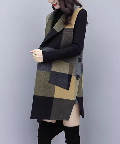 レディース コートウールベストトップス ベスト 袖なし ノースリーブ ストレートミドル丈 ミディアム丈 ウェーブカラー POLO襟 ルースタイプ 中厚手 ルーズ 芸術的 優しい チェック シーズンレス レディース コートウールベストトップス ベスト 袖なし ノースリーブ ストレートミドル丈 ミディアム丈 ウェーブカラー POLO襟 ルースタイプ 中厚手 ルーズ 芸術的 優しい チェック シーズンレス