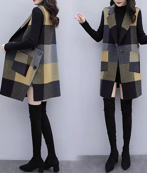 レディース コートウールベストトップス ベスト 袖なし ノースリーブ ストレートミドル丈 ミディアム丈 ウェーブカラー POLO襟 ルースタイプ 中厚手 ルーズ 芸術的 優しい チェック シーズンレス レディース コートウールベストトップス ベスト 袖なし ノースリーブ ストレートミドル丈 ミディアム丈 ウェーブカラー POLO襟 ルースタイプ 中厚手 ルーズ 芸術的 優しい チェック シーズンレス