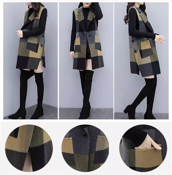 レディース コートウールベストトップス ベスト 袖なし ノースリーブ ストレートミドル丈 ミディアム丈 ウェーブカラー POLO襟 ルースタイプ 中厚手 ルーズ 芸術的 優しい チェック シーズンレス レディース コートウールベストトップス ベスト 袖なし ノースリーブ ストレートミドル丈 ミディアム丈 ウェーブカラー POLO襟 ルースタイプ 中厚手 ルーズ 芸術的 優しい チェック シーズンレス