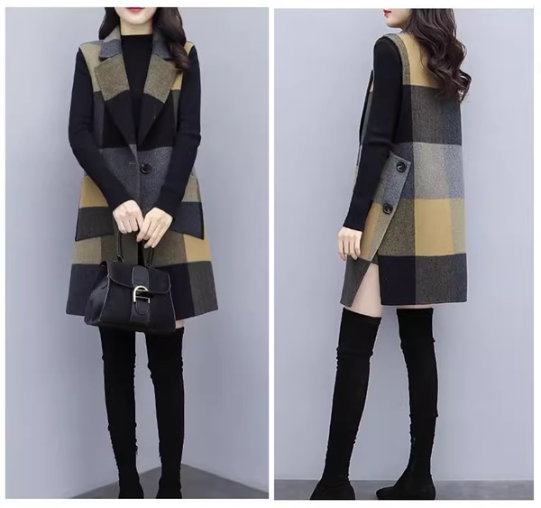 レディース コートウールベストトップス ベスト 袖なし ノースリーブ ストレートミドル丈 ミディアム丈 ウェーブカラー POLO襟 ルースタイプ 中厚手 ルーズ 芸術的 優しい チェック シーズンレス レディース コートウールベストトップス ベスト 袖なし ノースリーブ ストレートミドル丈 ミディアム丈 ウェーブカラー POLO襟 ルースタイプ 中厚手 ルーズ 芸術的 優しい チェック シーズンレス