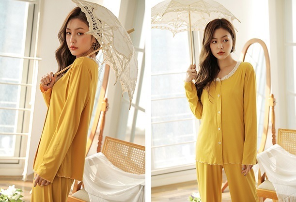 【日本未発売/送料無料】マタニティ パジャマ レース ラウンドネック 長袖 前開き 授乳口付き