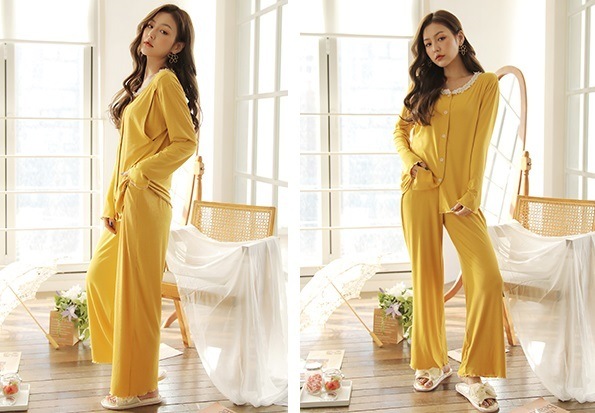 【日本未発売/送料無料】マタニティ パジャマ レース ラウンドネック 長袖 前開き 授乳口付き