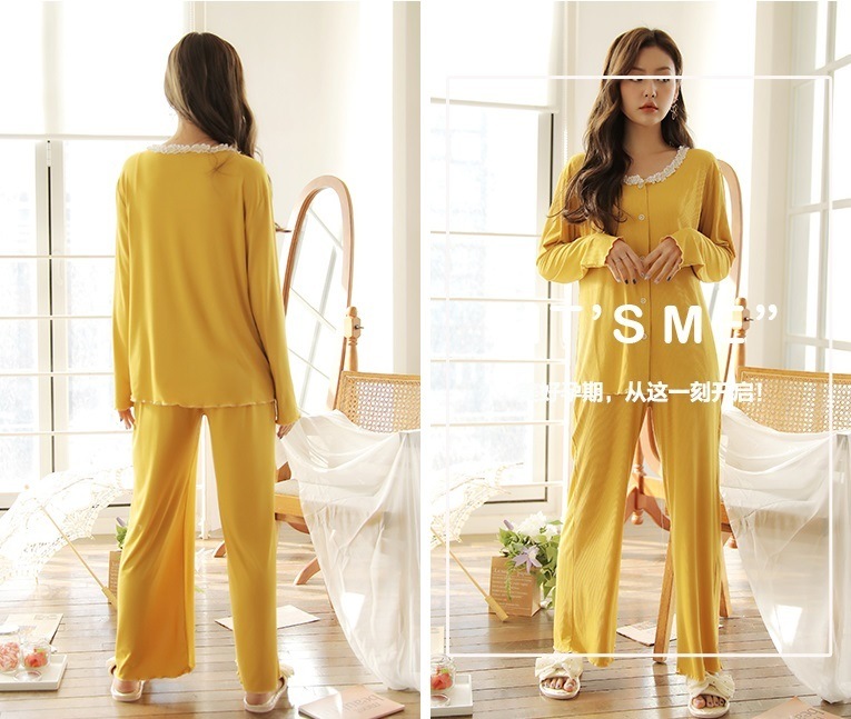 【日本未発売/送料無料】マタニティ パジャマ レース ラウンドネック 長袖 前開き 授乳口付き