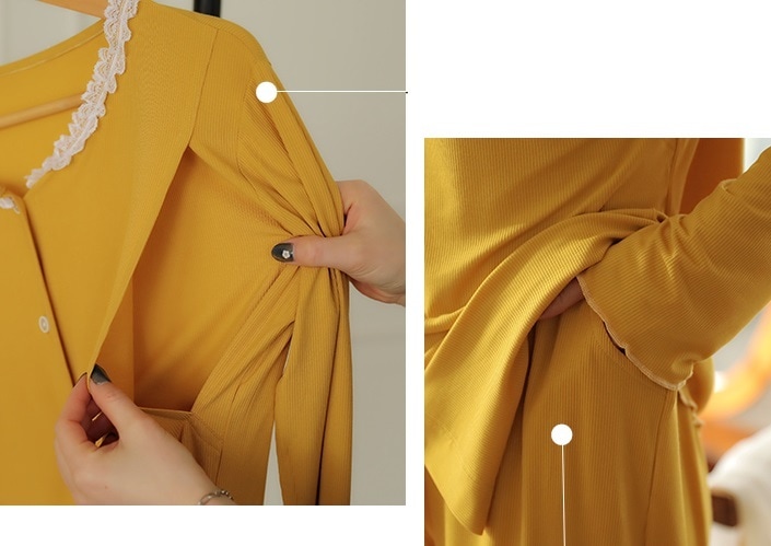 【日本未発売/送料無料】マタニティ パジャマ レース ラウンドネック 長袖 前開き 授乳口付き