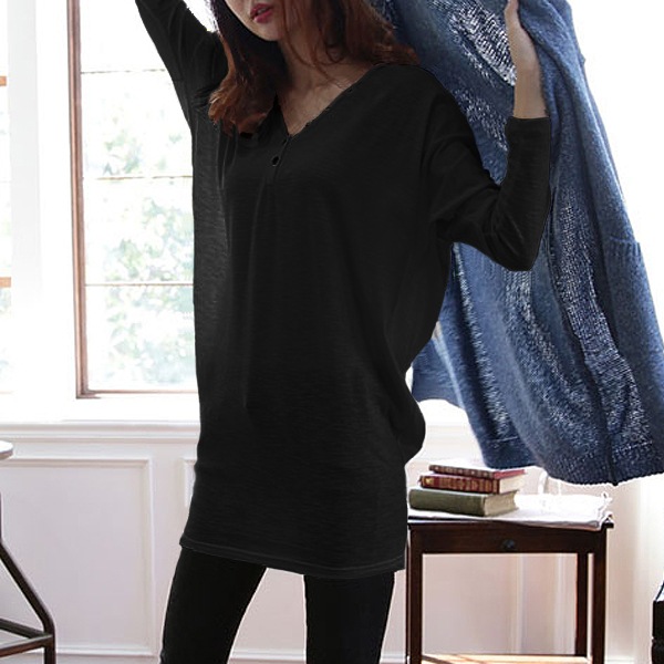 ネック ロン チュニック 長袖 カットソー ドルマンスリーブ ゆる トップス レディース シャツ素材 オーバーサイズ ビッグシルエット 秋 ()[郵.]^^