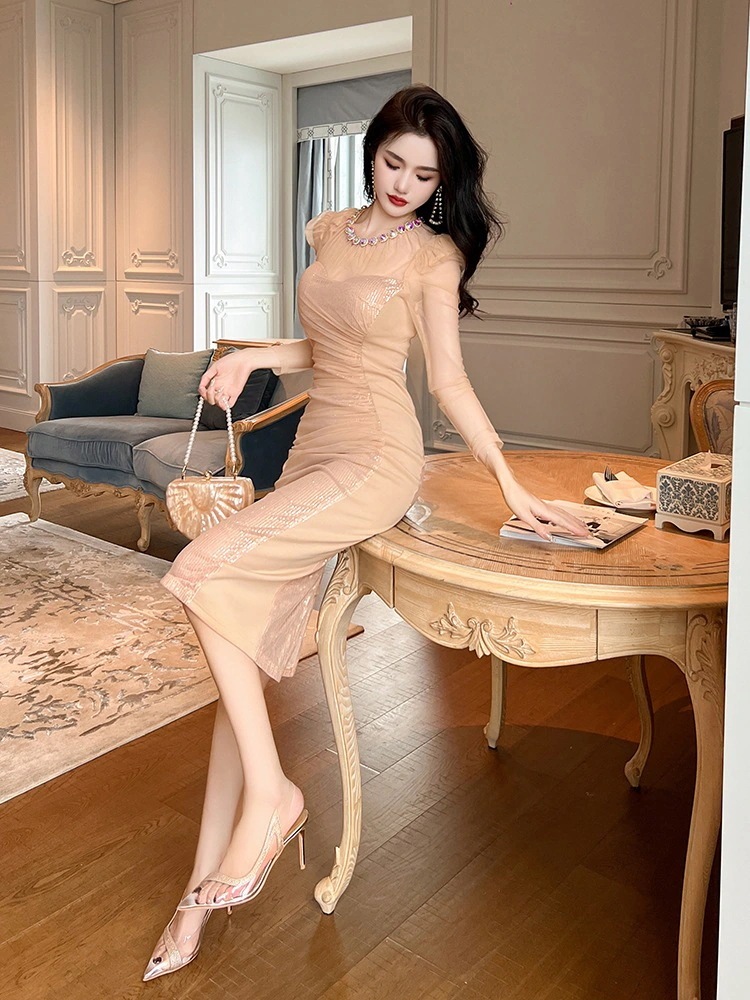 2024 秋 ワンピース ドレス 秋 レース ル スリット チャイナ 花柄 キャバ 大人 ウェディング 結婚式 ドレス パーティードレス お呼ばれ 披露宴