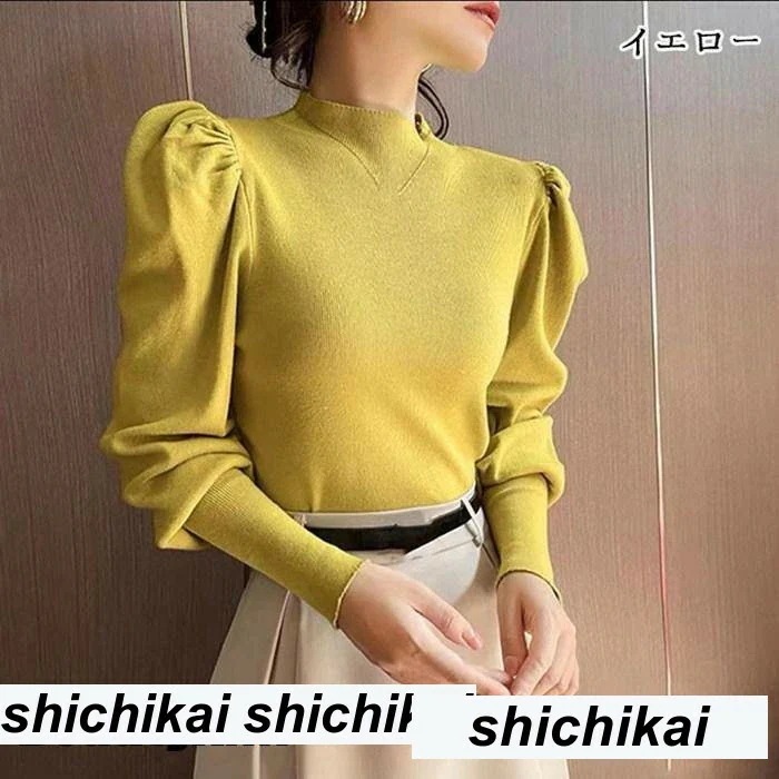 新生活 ック ニット モックネック ボリューム袖 リブニット 長袖 レディース パワーショルダー トップス プチック パワショル プレゼント ギフト