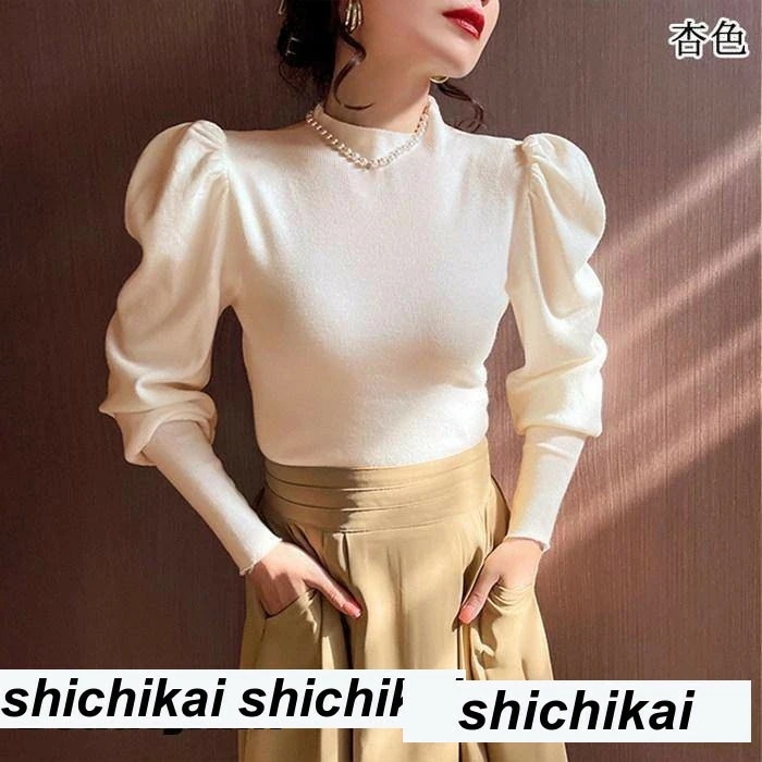 新生活 ック ニット モックネック ボリューム袖 リブニット 長袖 レディース パワーショルダー トップス プチック パワショル プレゼント ギフト