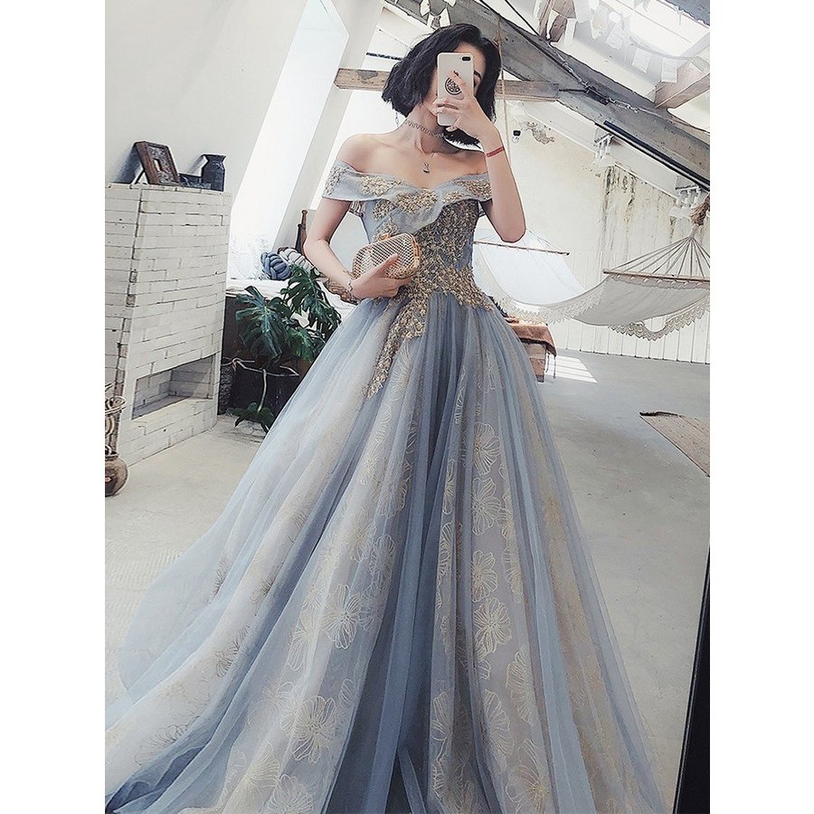 ウェディングドレス レディース ボートネック 刺繍花柄 姫系ドレス 肩出し 結婚式/二次会/成人式/ ウェディングドレス レディース ボートネック 刺繍花柄 姫系ドレス 肩出し 結婚式/二次会/成人式/