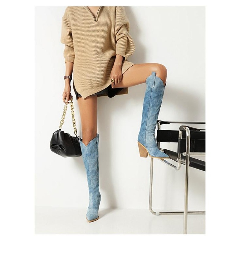 ロングブーツ 10cmヒール レディース Vカット ポインテッドトゥ ウエスタンブーツ 美脚 デニム素材 大きいサイズ ハイヒール 膝下丈 騎士ブーツ ロングブーツ 10cmヒール レディース Vカット ポインテッドトゥ ウエスタンブーツ 美脚 デニム素材 大きいサイズ ハイヒール 膝下丈 騎士ブーツ