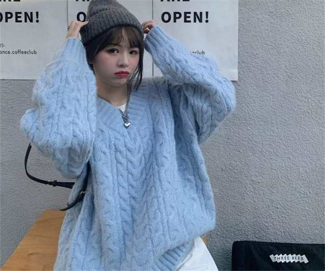 【即納】新作 ニット レディース セーター Vネック ケーブルニット ざっくりニット あぜ編み インナー 長袖 厚手 大きいサイズ 無地