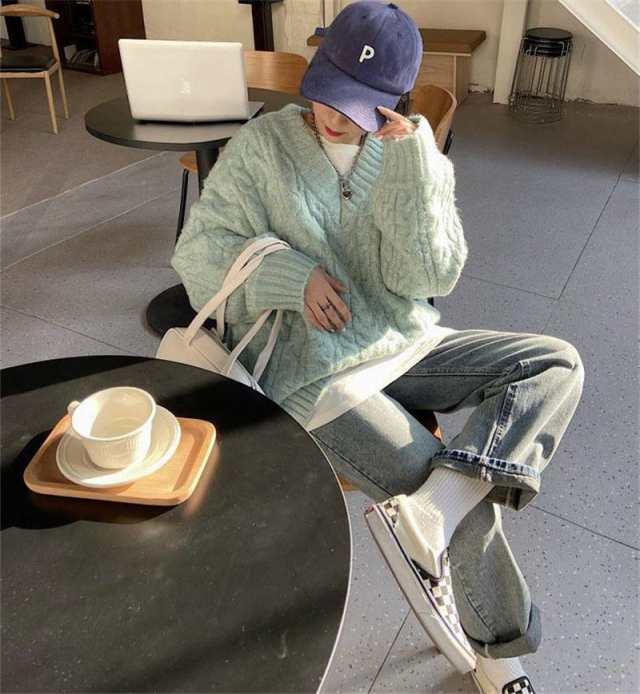 【即納】新作 ニット レディース セーター Vネック ケーブルニット ざっくりニット あぜ編み インナー 長袖 厚手 大きいサイズ 無地