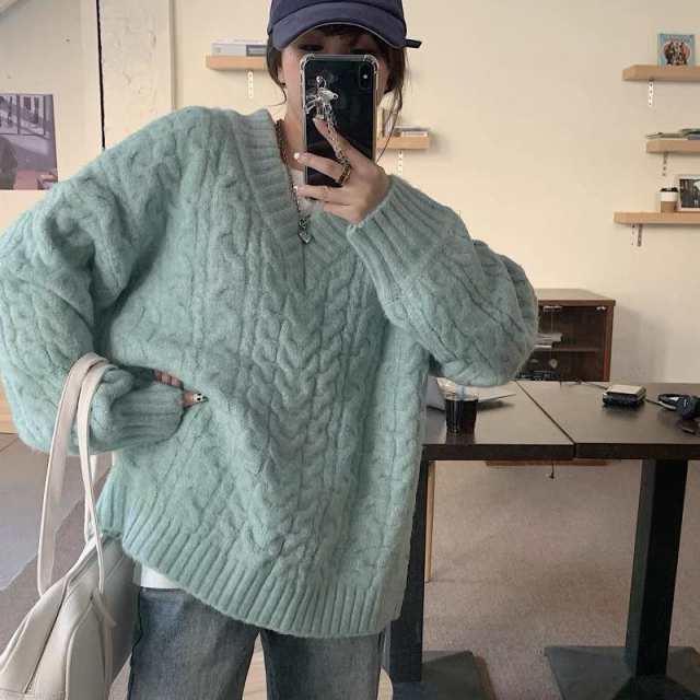 【即納】新作 ニット レディース セーター Vネック ケーブルニット ざっくりニット あぜ編み インナー 長袖 厚手 大きいサイズ 無地