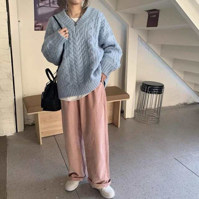 【即納】新作 ニット レディース セーター Vネック ケーブルニット ざっくりニット あぜ編み インナー 長袖 厚手 大きいサイズ 無地