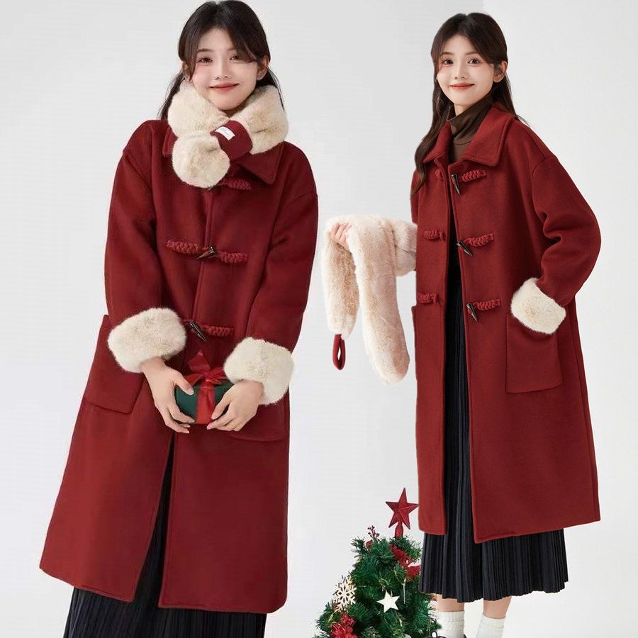 厚手 ラシャコート クリスマスコスチューム 秋冬新作 ホーンバックル ロング アウター レディースファッション ジャケット トップス 厚手 ラシャコート クリスマスコスチューム 秋冬新作 ホーンバックル ロング アウター レディースファッション ジャケット トップス