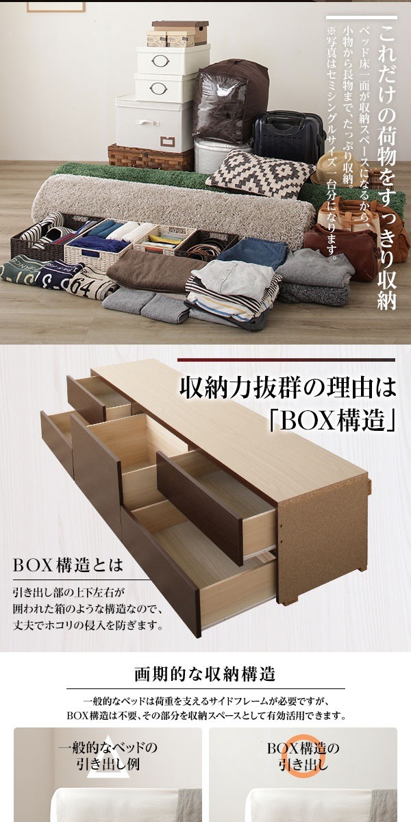 フラットヘッドボード 頑丈ボックス収納 ベッド ショート丈 セミシングル (フレームのみ) ダークブラウン 日本製 フラットヘッドボード 頑丈ボックス収納 ベッド ショート丈 セミシングル (フレームのみ) ダークブラウン 日本製