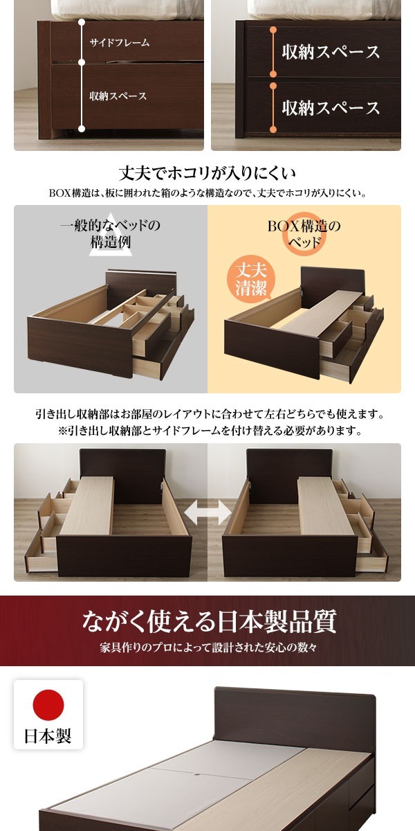 フラットヘッドボード 頑丈ボックス収納 ベッド ショート丈 セミシングル (フレームのみ) ダークブラウン 日本製 フラットヘッドボード 頑丈ボックス収納 ベッド ショート丈 セミシングル (フレームのみ) ダークブラウン 日本製