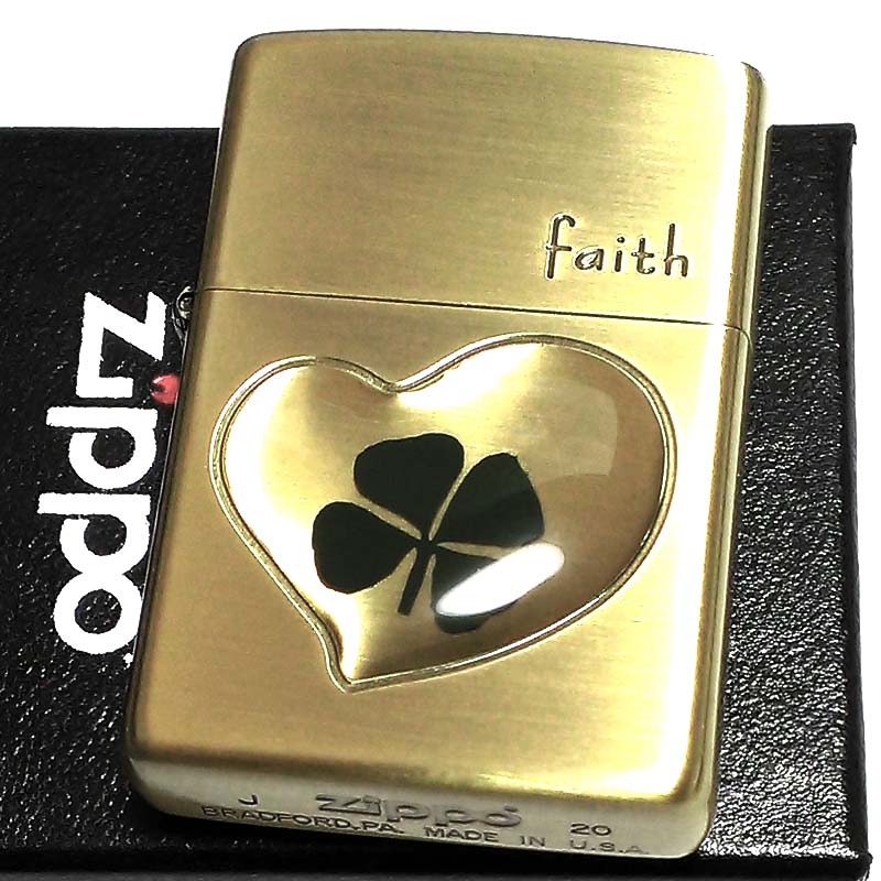 ZIPPO ライター 可愛い 本物の四つ葉のクローバー faith アンティークゴールド ブラス ジッポ かわいい ハート 幸運 おしゃれ レディース 女性 メンズ プレゼント ギフト