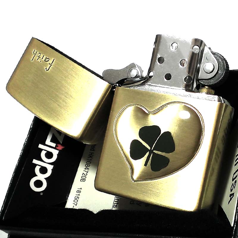ZIPPO ライター 可愛い 本物の四つ葉のクローバー faith アンティークゴールド ブラス ジッポ かわいい ハート 幸運 おしゃれ レディース 女性 メンズ プレゼント ギフト