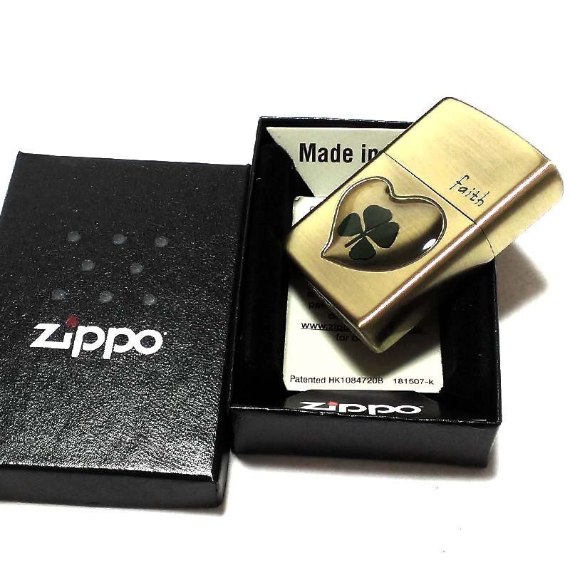 ZIPPO ライター 可愛い 本物の四つ葉のクローバー faith アンティークゴールド ブラス ジッポ かわいい ハート 幸運 おしゃれ レディース 女性 メンズ プレゼント ギフト