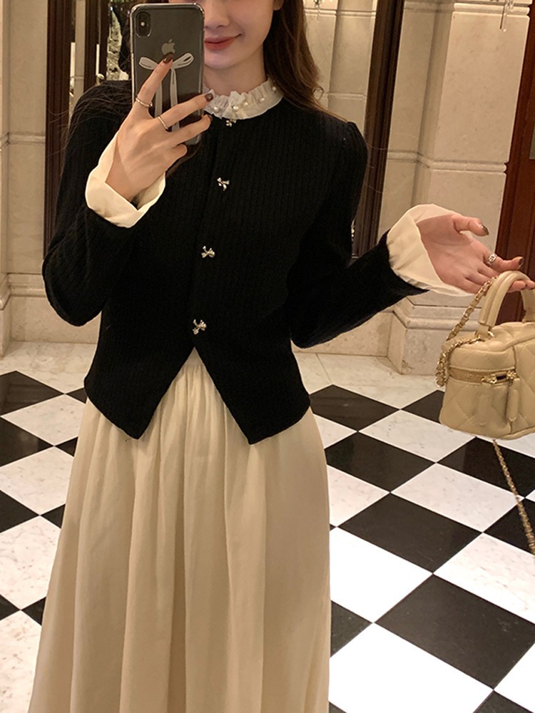 ワンピース Aライン ミモレ丈 ニット カーディガン 異素材 パール 高見え 韓国 フリル スリム タイト 細身 かわいい 大人可愛い きれいめ シンプル デート 上品 おしゃれ mdprevattcaulkingandwaterproofing.com
