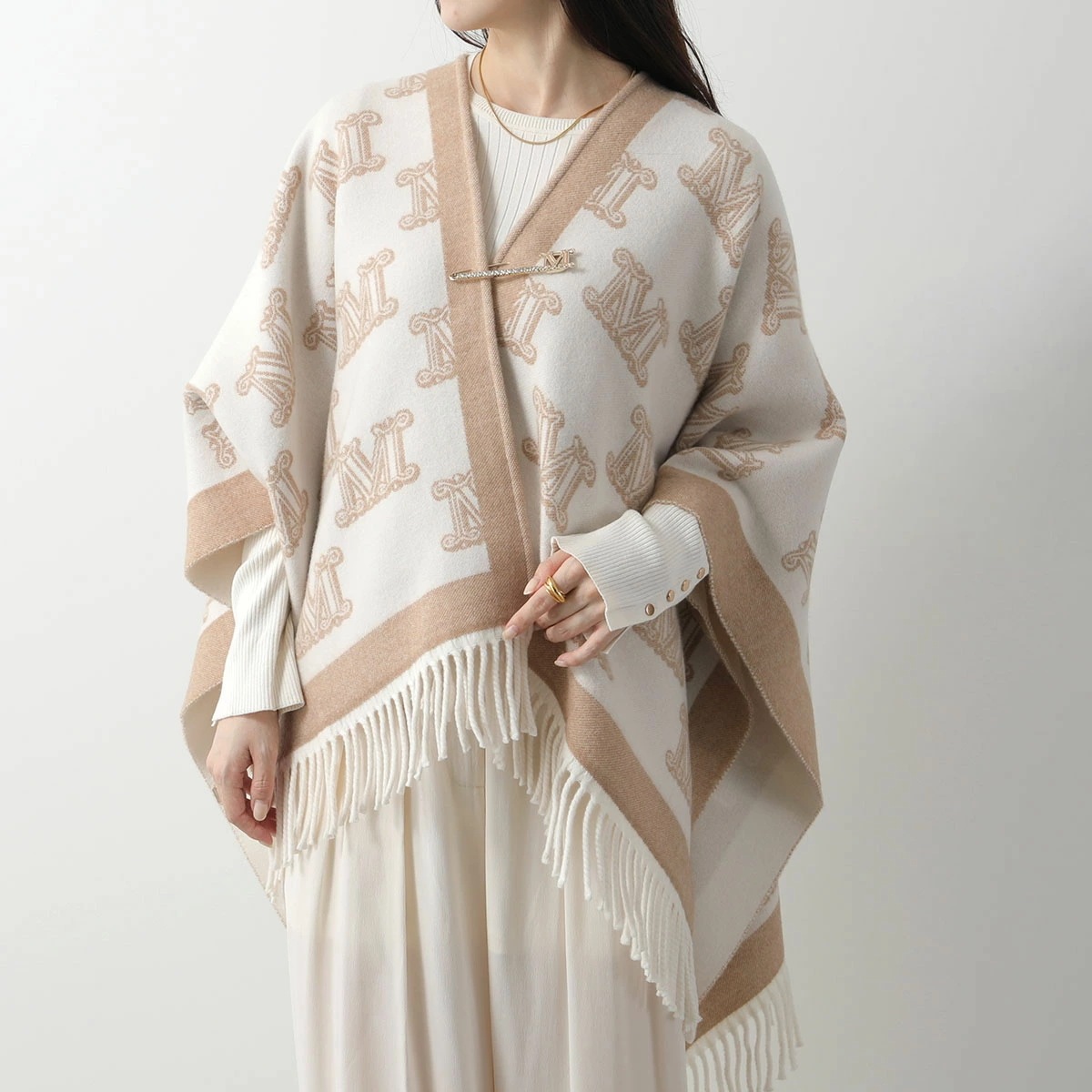 MAX MARA Studio マックスマーラ ステュディオ ケープ FRINESTD フリネスト レディース Mロゴ フリンジ ポンチョ ウール ピンブローチ