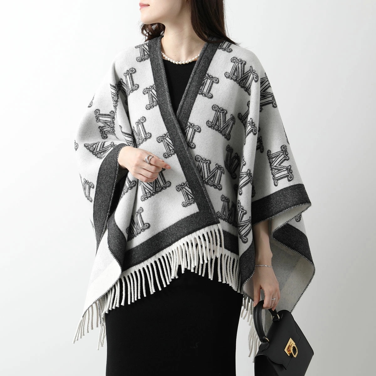 MAX MARA Studio マックスマーラ ステュディオ ケープ FRINESTD フリネスト レディース Mロゴ フリンジ ポンチョ ウール ピンブローチ