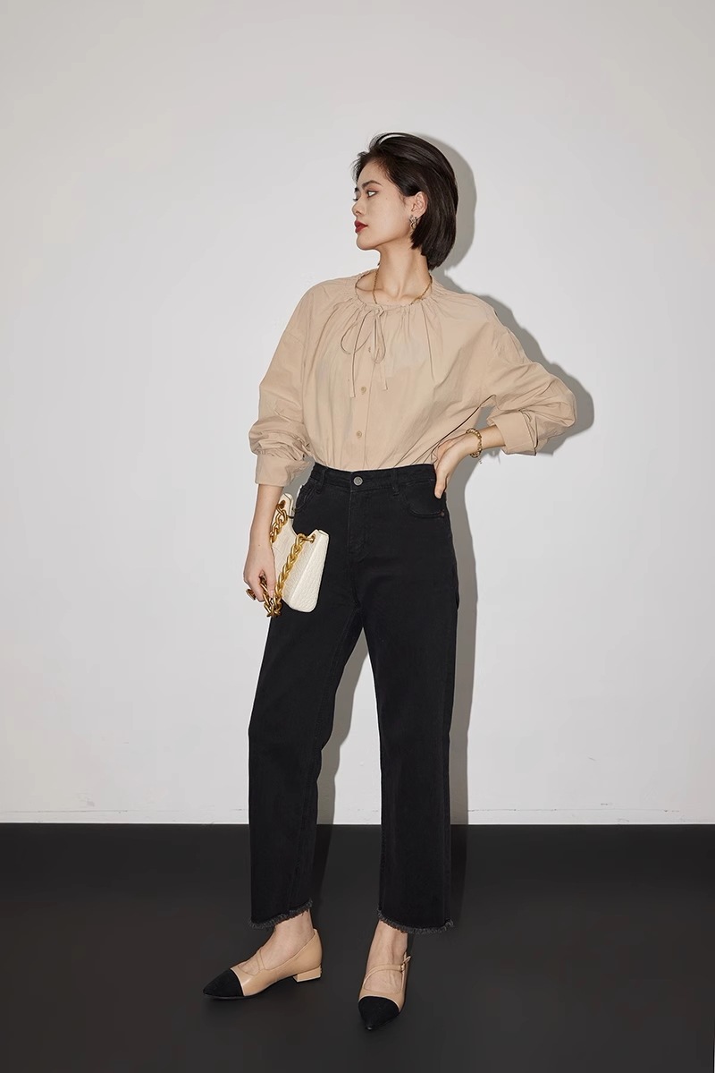 フレンチ シック レイジー トップ 綿 ネックライン デザイン 通勤 シャツ 女性 個性的 トップス シャツ ブラウス 白トップス 袖あり 長袖 ラウンドネック 襟なし かわいい 大人可愛い きれいめ