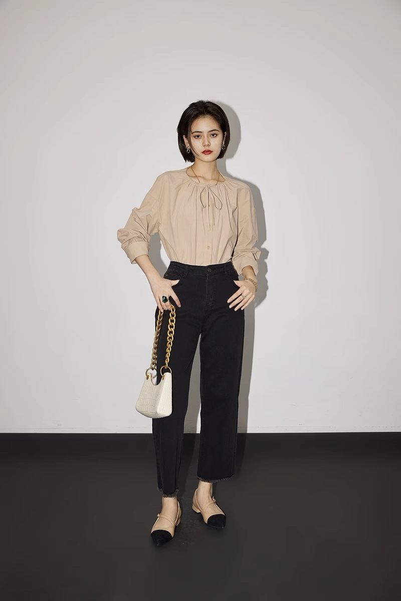 フレンチ シック レイジー トップ 綿 ネックライン デザイン 通勤 シャツ 女性 個性的 トップス シャツ ブラウス 白トップス 袖あり 長袖 ラウンドネック 襟なし かわいい 大人可愛い きれいめ