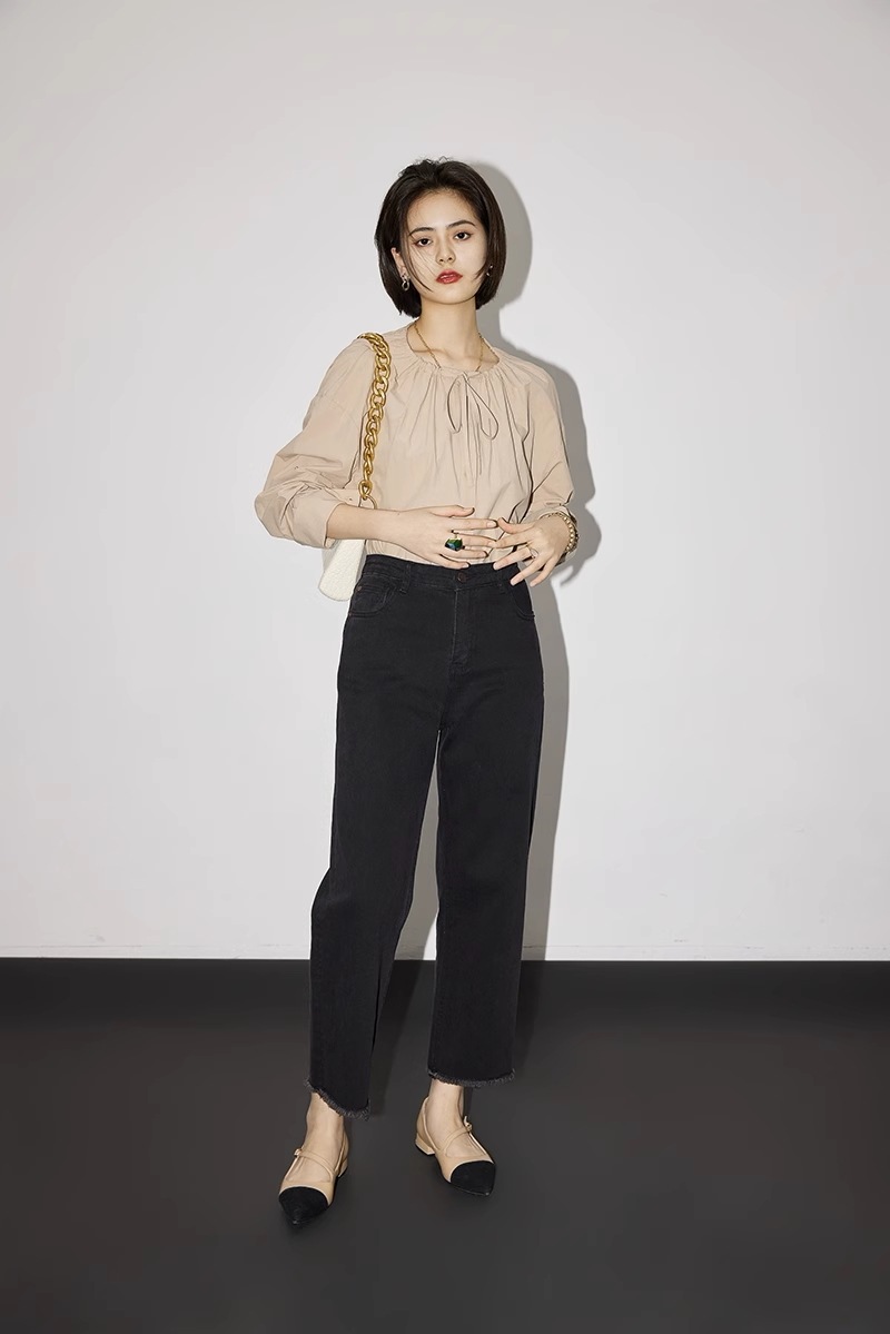 フレンチ シック レイジー トップ 綿 ネックライン デザイン 通勤 シャツ 女性 個性的 トップス シャツ ブラウス 白トップス 袖あり 長袖 ラウンドネック 襟なし かわいい 大人可愛い きれいめ